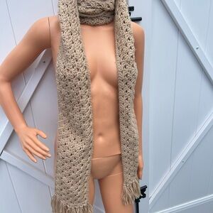 Handmade Crochet Scarf, Soft Taupe Beige Shawl Wrap with Fringe